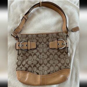 Coach F03574 Signature shoulder bag in tan and brown canvas with leather trim